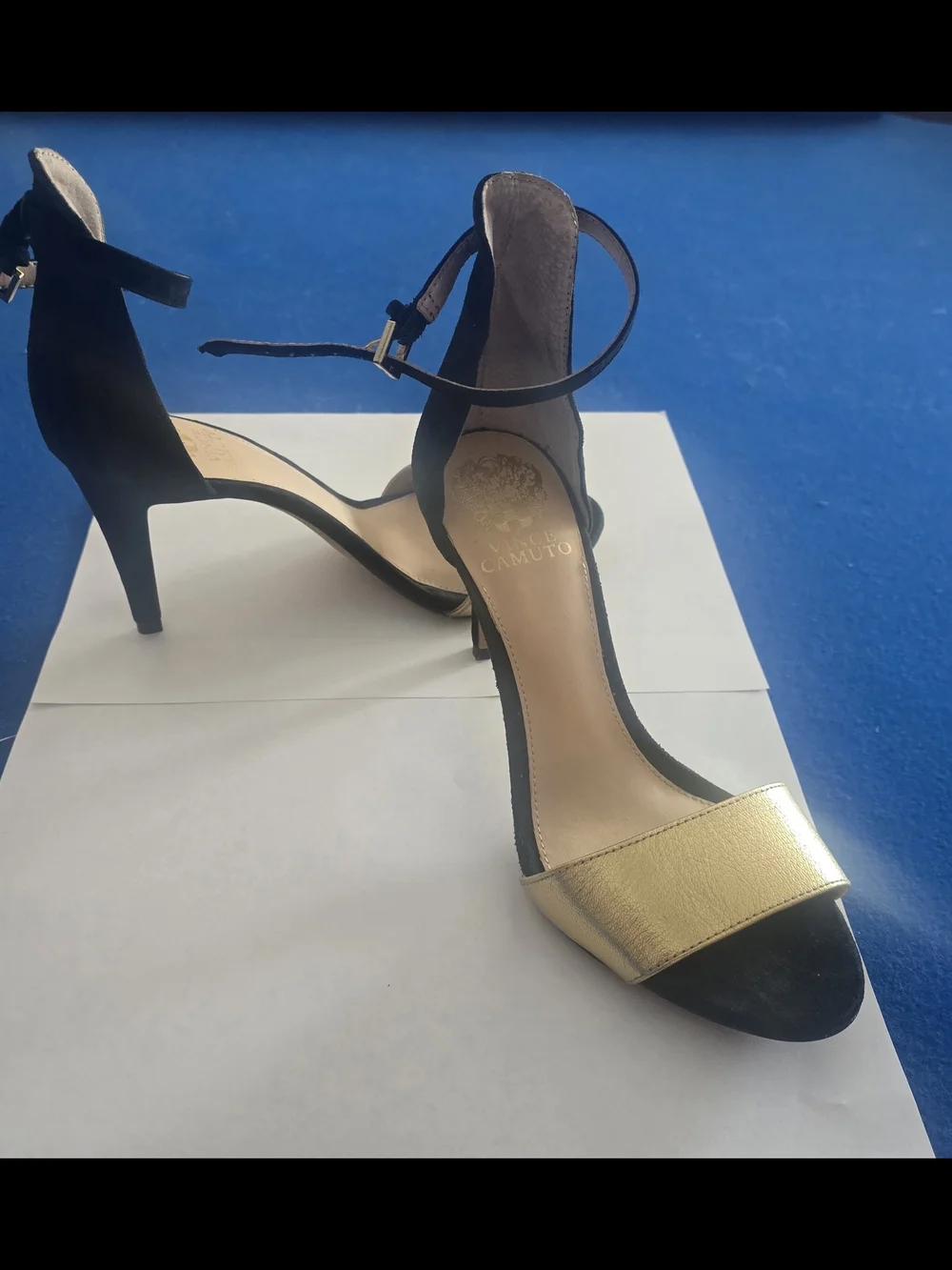 Vince Camuto Black and Gold Open-Toe Ankle-Strap Heels